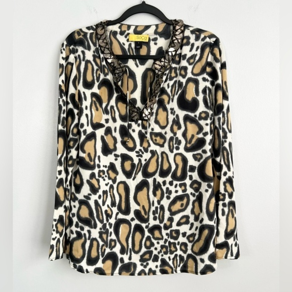 St. John Size S • Silk Blend Leopard Animal Beaded Top Blouse.